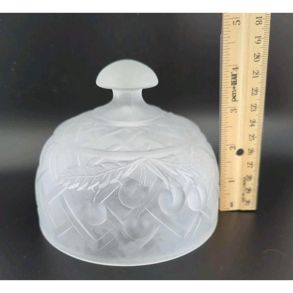 Vintage Frosted Glass Covered Cheese Dish Fruit Pattern Serving Plate w Cloche
